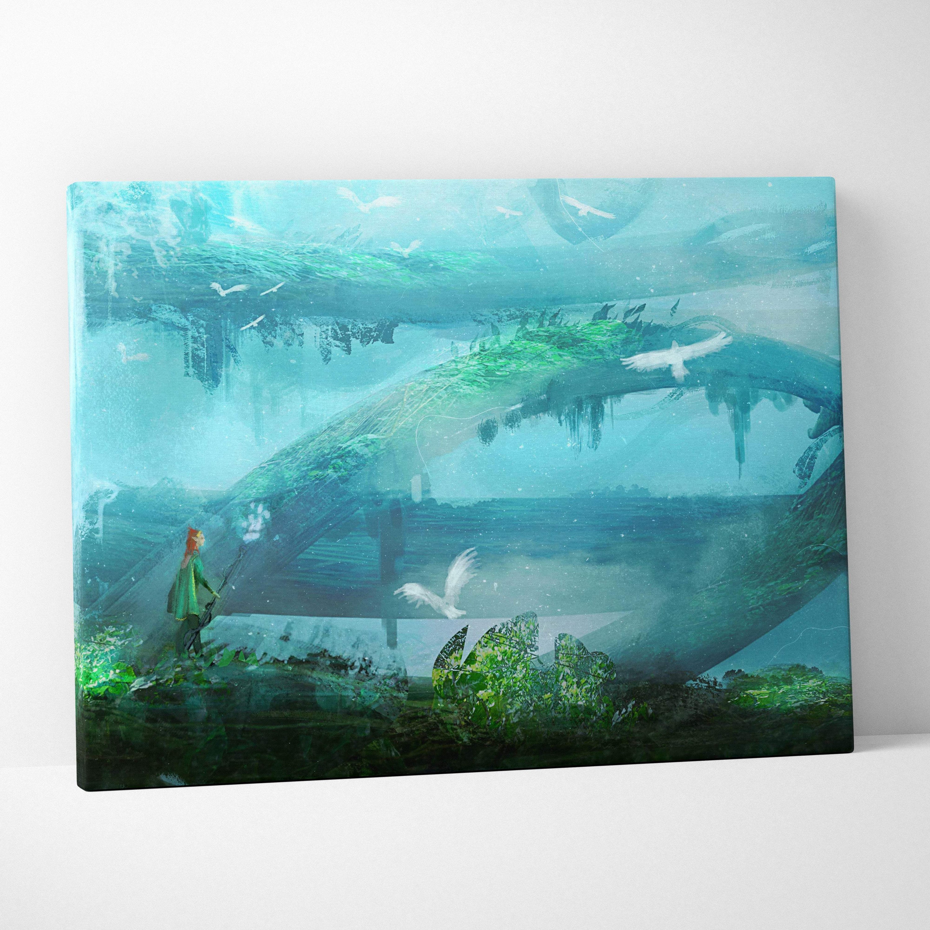 Rectangular fantasy tree world canvas print with teal green underwater scene and white birds in surreal dreamscape style