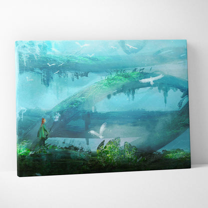 Rectangular fantasy tree world canvas print with teal green underwater scene and white birds in surreal dreamscape style