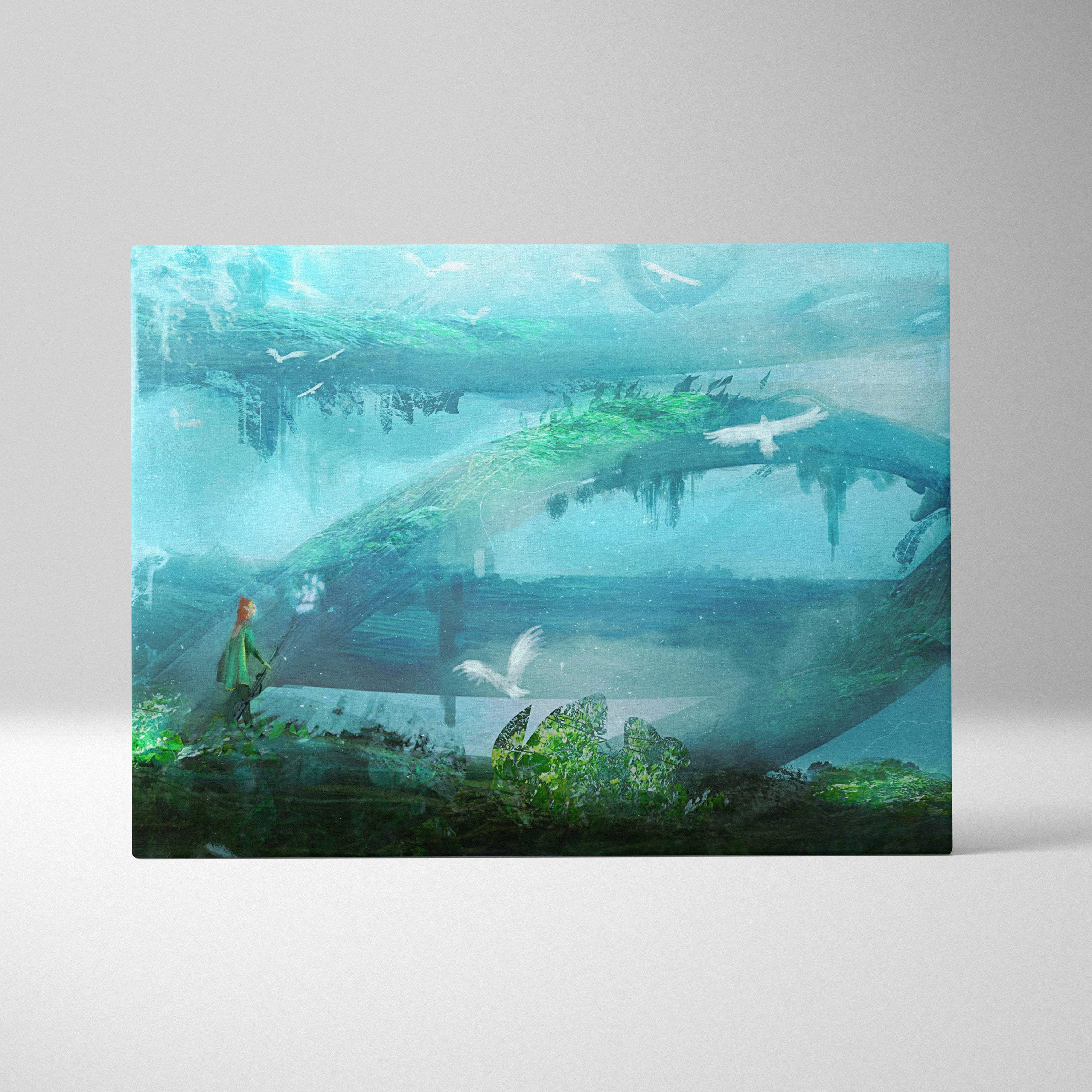 Rectangular fantasy tree world canvas print featuring a teal green surreal misty landscape with moss arches and white birds