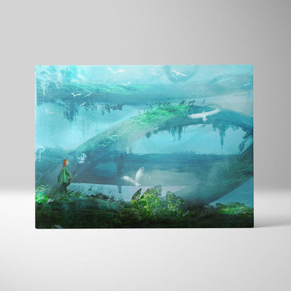 Rectangular fantasy tree world canvas print featuring a teal green surreal misty landscape with moss arches and white birds