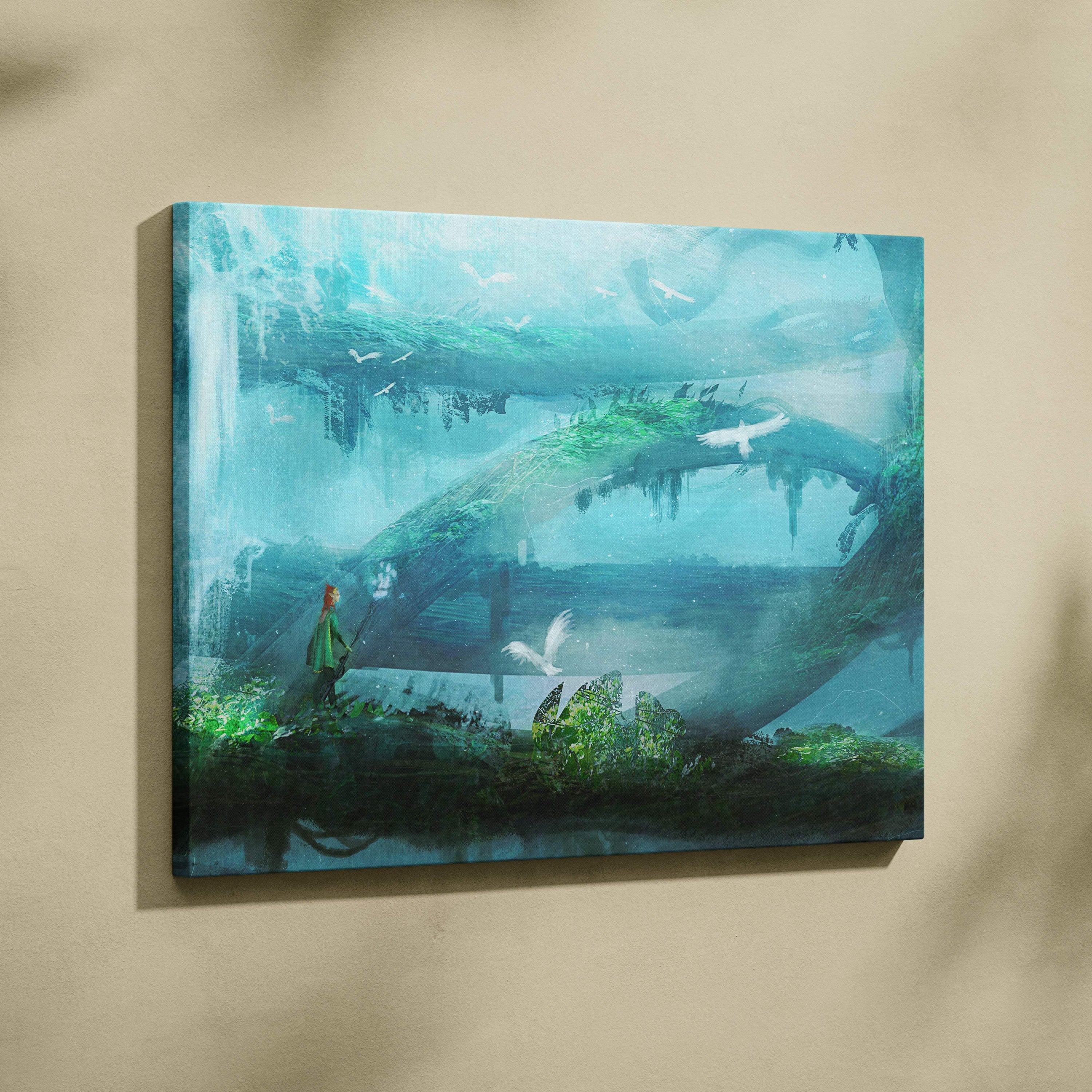 Fantasy tree world canvas print with mystical teal green forest scene moss-covered arches and a lone figure in green attire