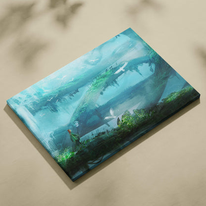 A rectangular canvas print featuring a teal green fantasy landscape with floating islands trees and misty atmospheric effects