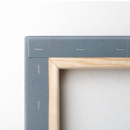 Gray textured canvas frame with light wood border for sci fi monolith teal red alien desert wall art print