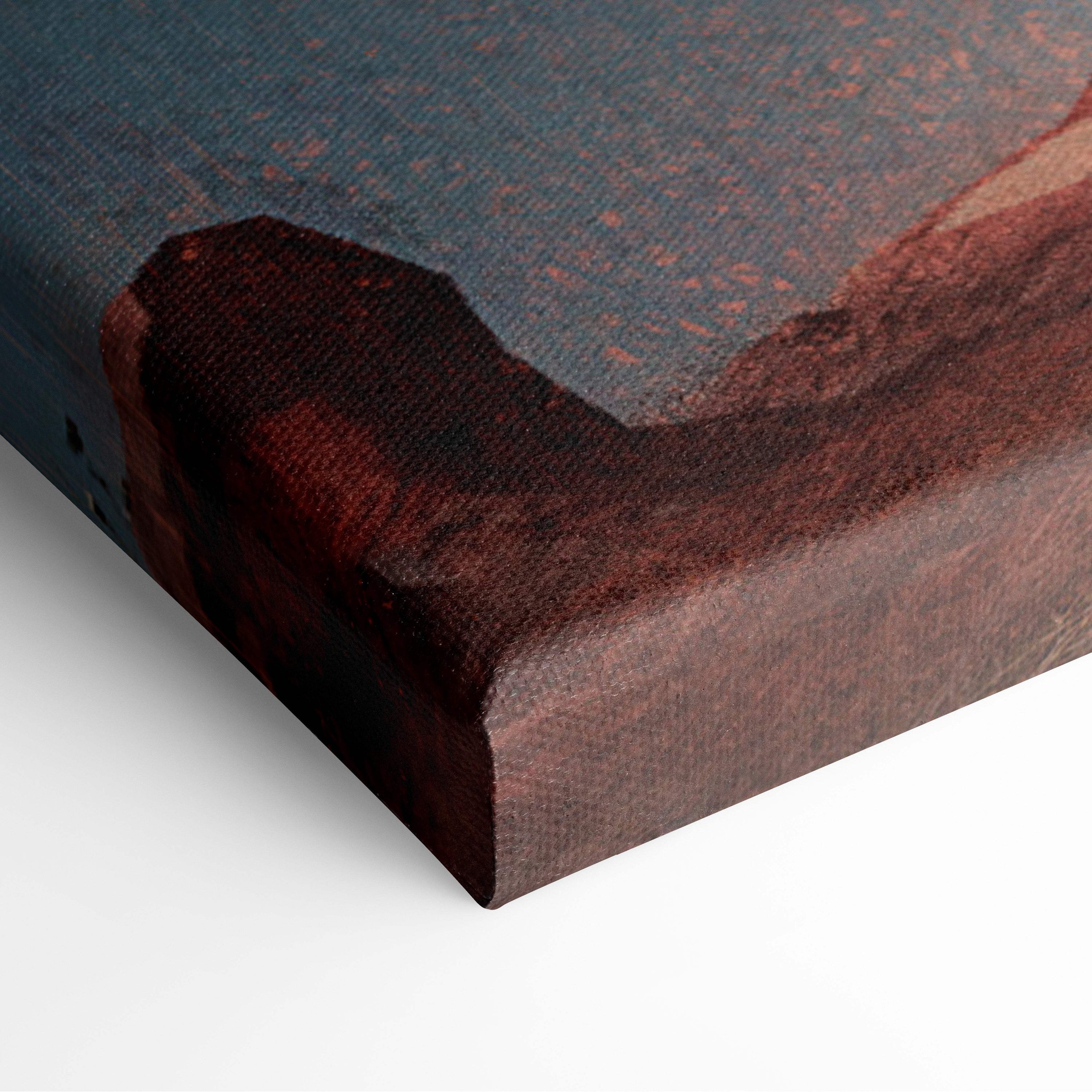 Sci fi monolith canvas print with textured teal red alien desert landscape on stretched canvas frame for futuristic decor