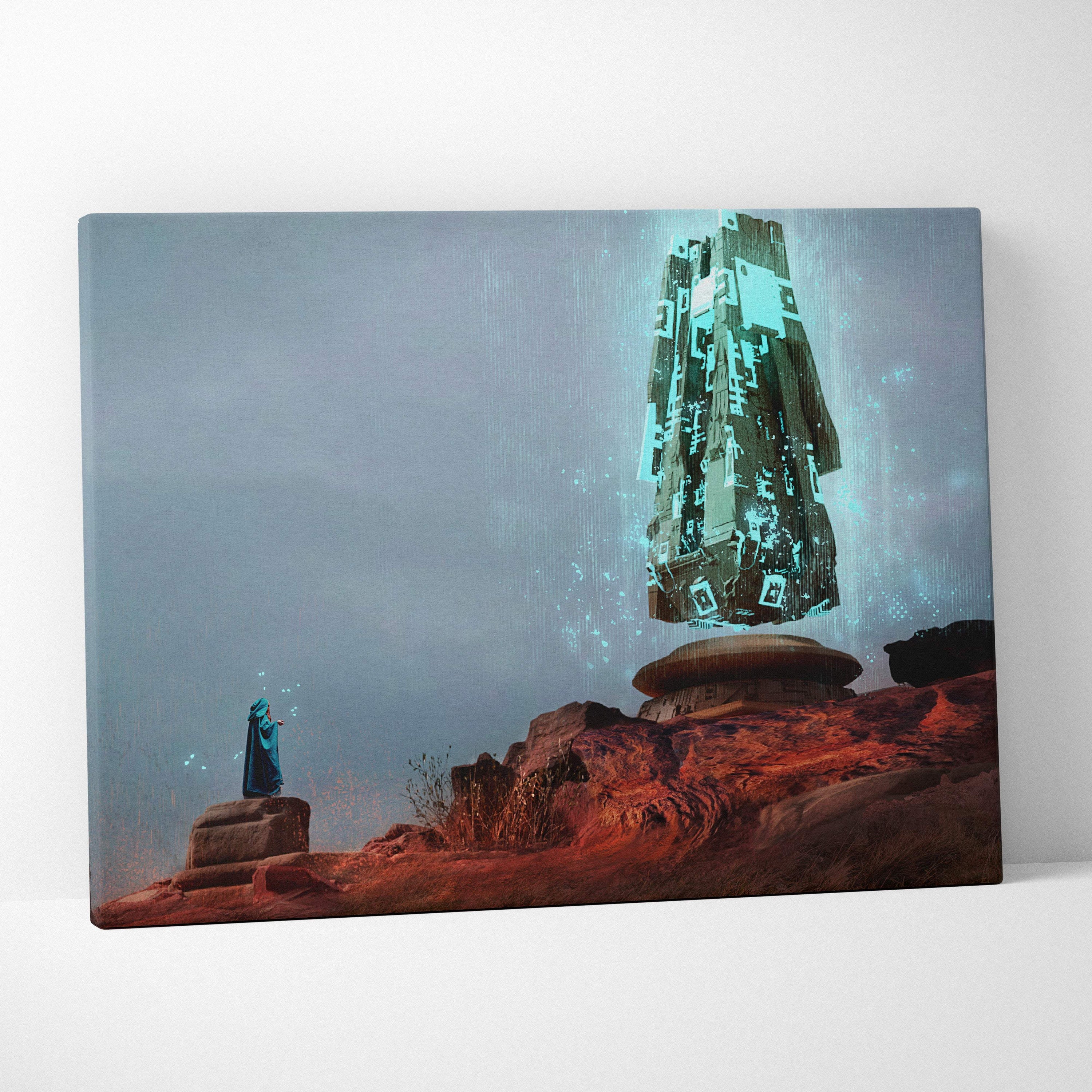 Futuristic digital canvas print featuring a teal glowing monolith with ancient symbols on a red alien desert background