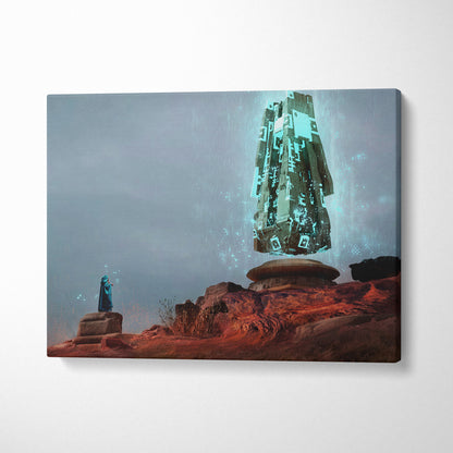 Sci fi monolith canvas print featuring a glowing teal and dark gray digital monument over a rocky alien desert landscape