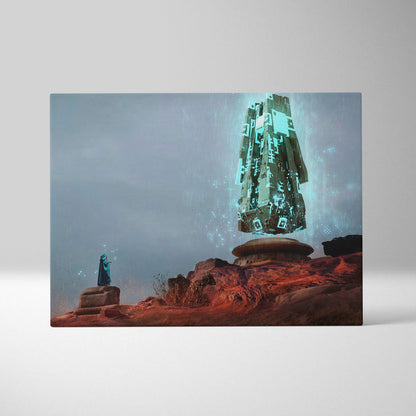 Sci fi monolith canvas print featuring a glowing teal and dark gray futuristic structure over red rocky terrain