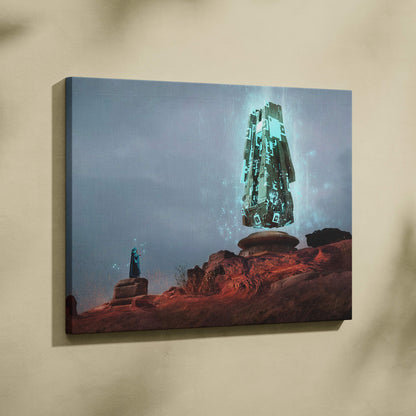 A rectangular canvas print of a glowing teal and red futuristic monolith rising from alien desert terrain under stormy sky