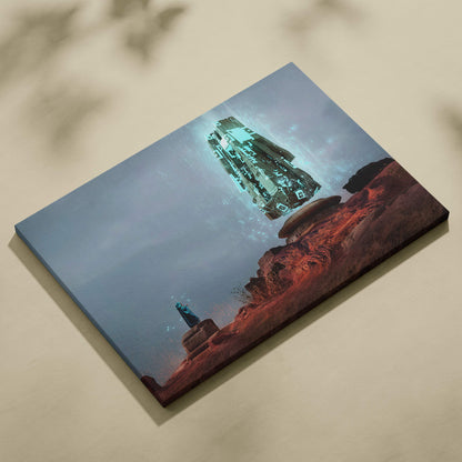 Sci fi monolith canvas print of a futuristic spaceship with teal accents above a red alien desert landscape wall art
