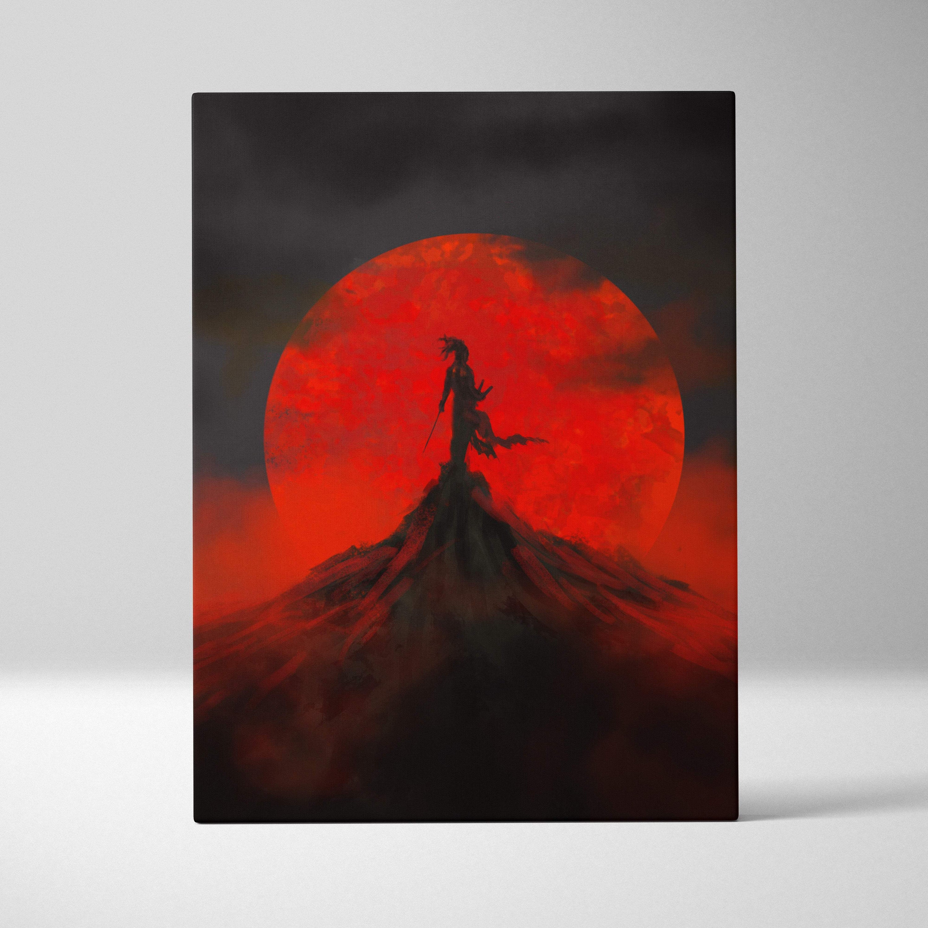 Red moon samurai canvas print featuring a dark silhouetted warrior on a mountain with a vivid red full moon background