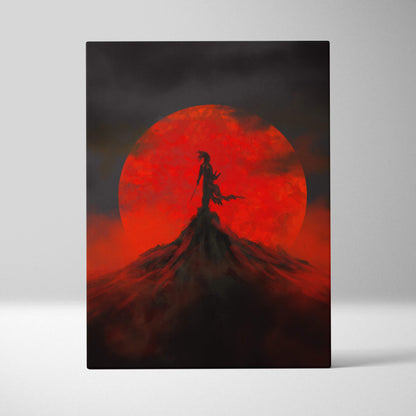 Red moon samurai canvas print featuring a dark silhouetted warrior on a mountain with a vivid red full moon background
