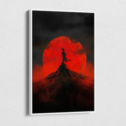 A framed white canvas print of a black silhouette samurai against a red moon in cinematic ink painting style