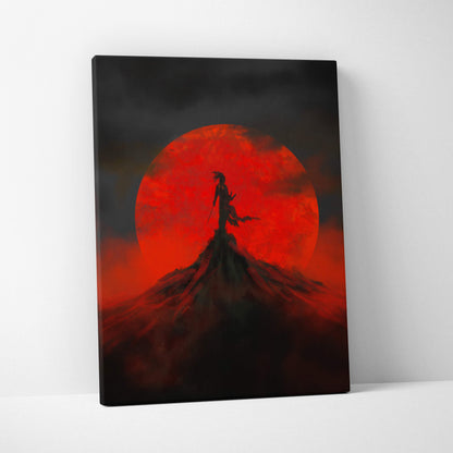 Red moon samurai black canvas print with a lone warrior silhouette against a red full moon for japanese decor