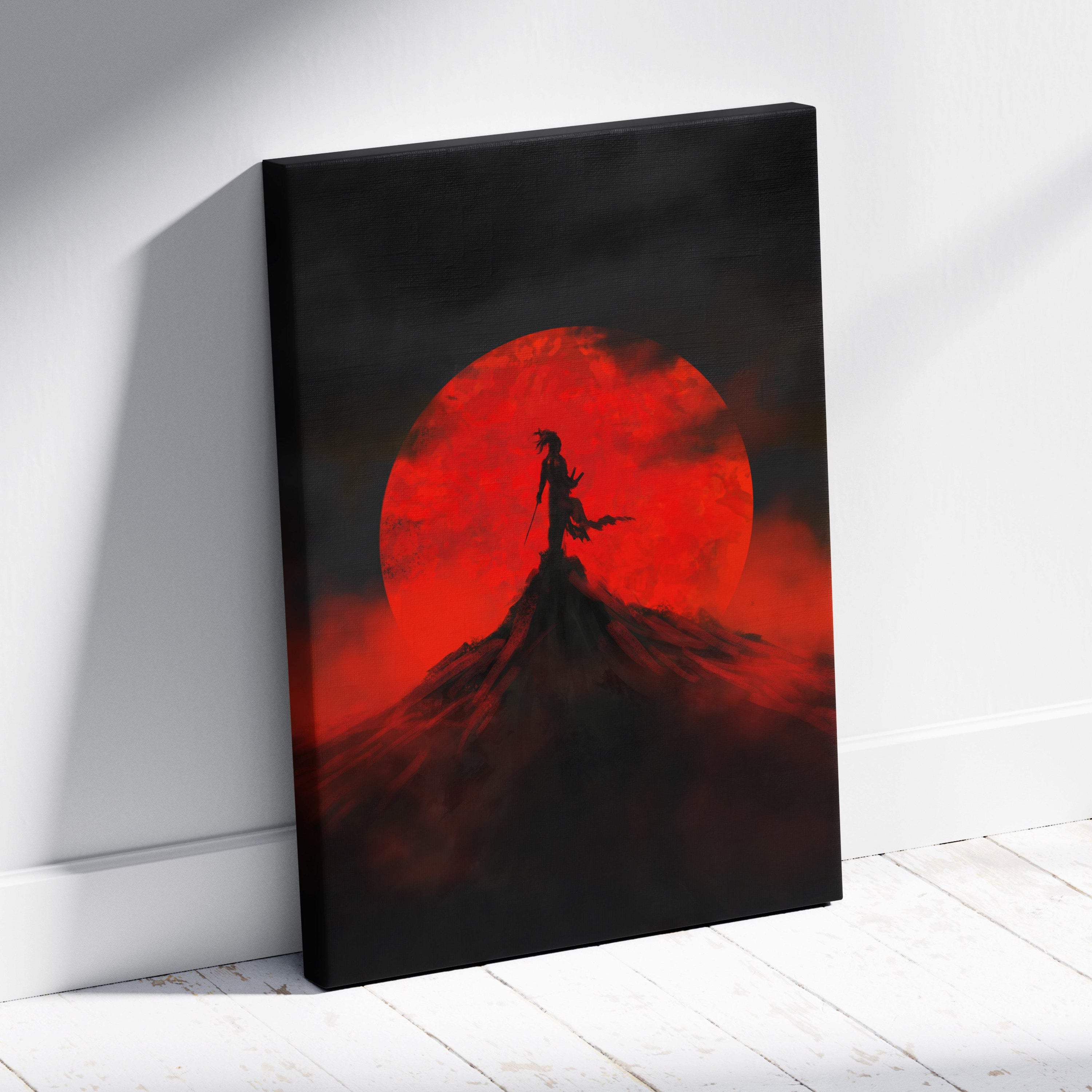 Black canvas print of red moon samurai silhouette on mountain in cinematic ink painting style japanese decor