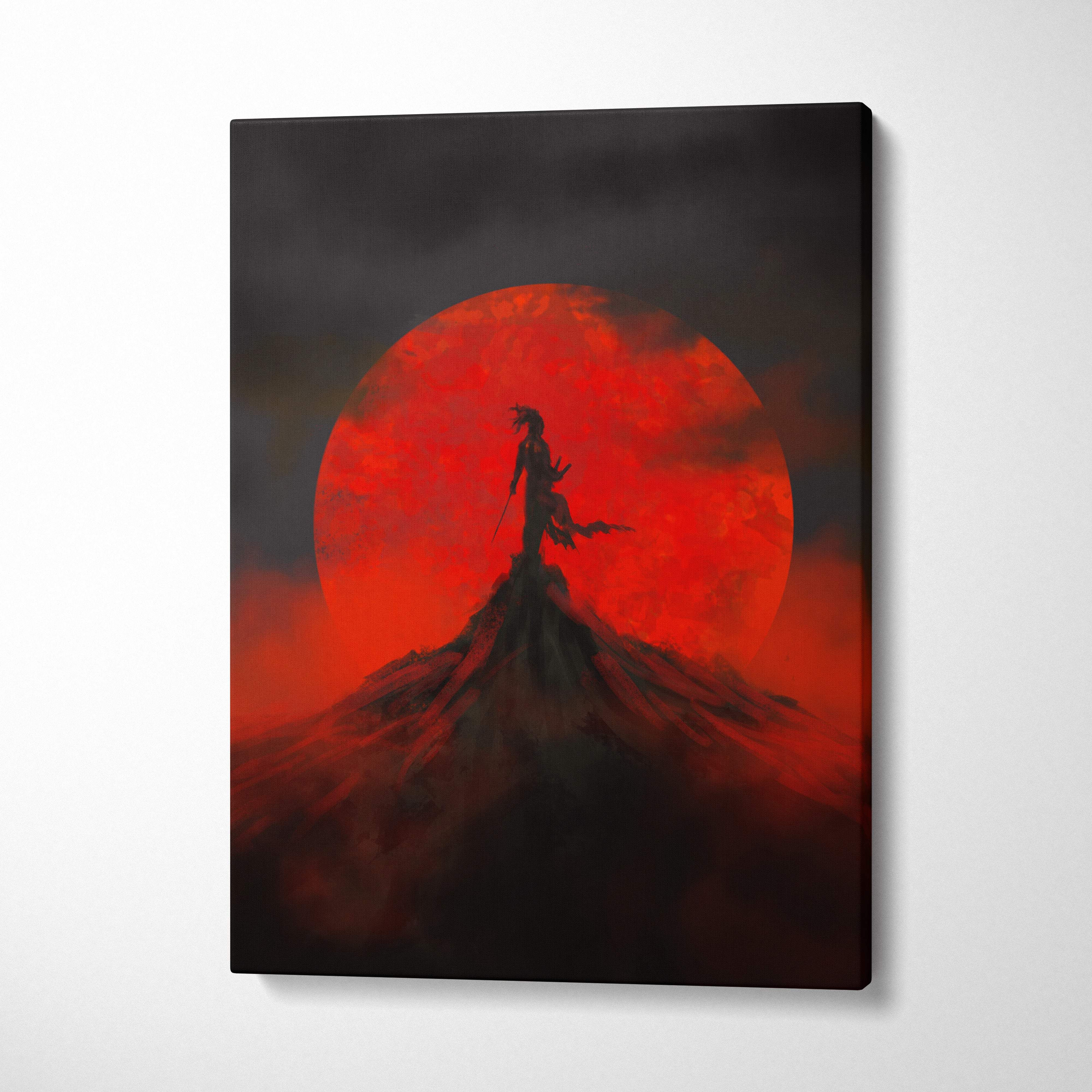 Red moon samurai canvas print featuring black silhouette of a lone warrior on mountain with blood red full moon background