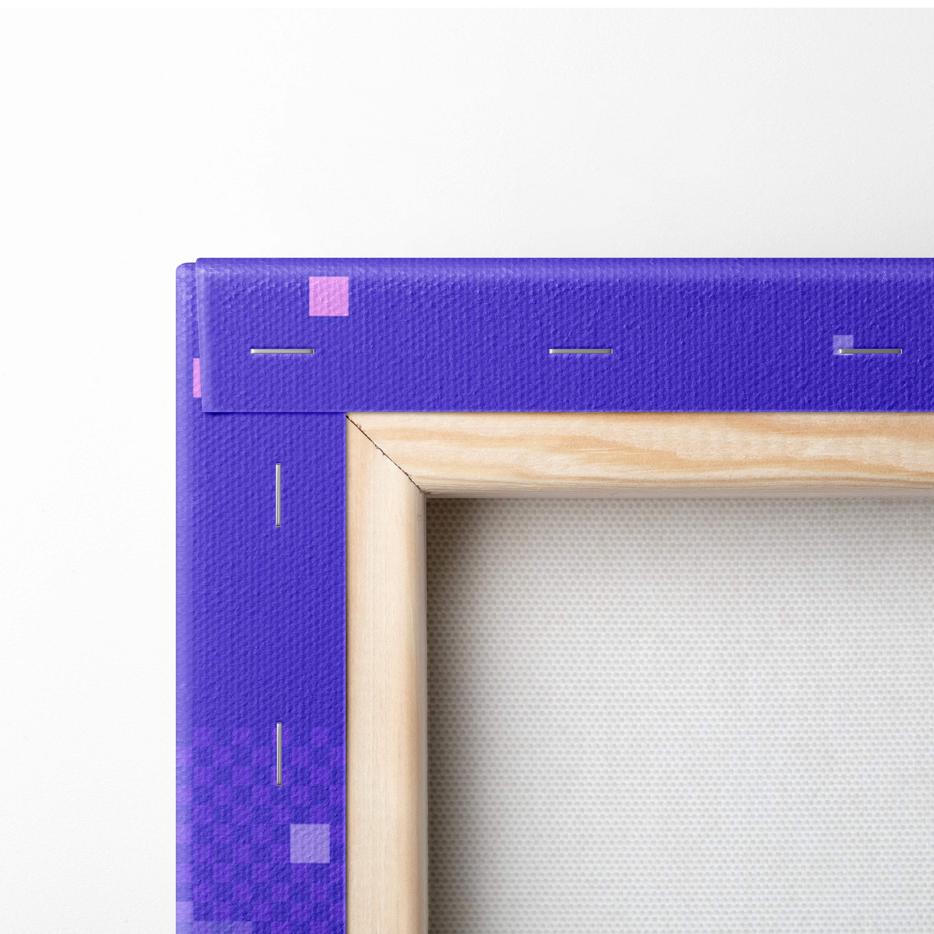 Purple moon pixel art canvas print featuring a purple textured canvas with light wood frame for pastel night sky decor
