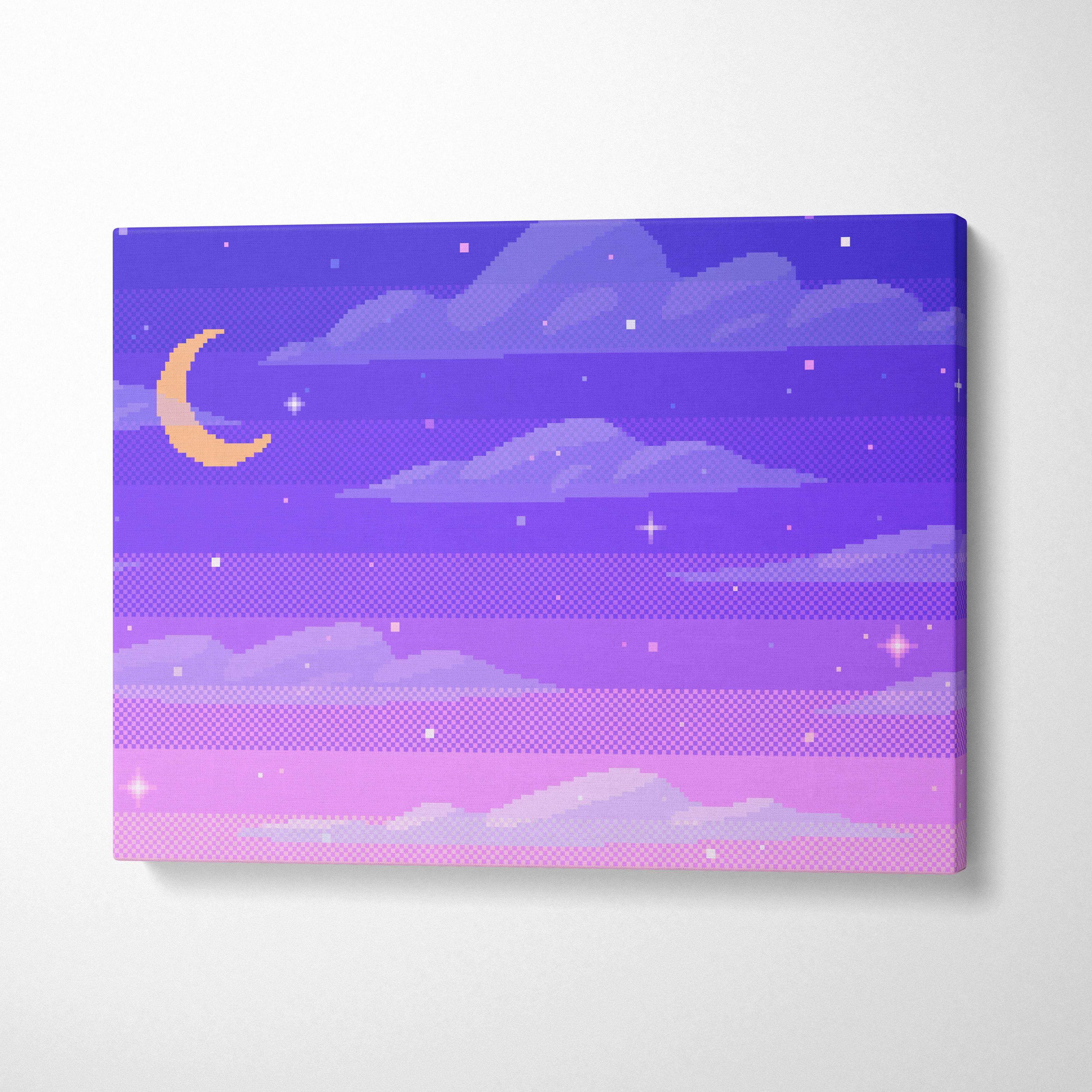 Purple moon pixel art canvas print featuring a crescent moon and stars with layered clouds in a pastel night sky design