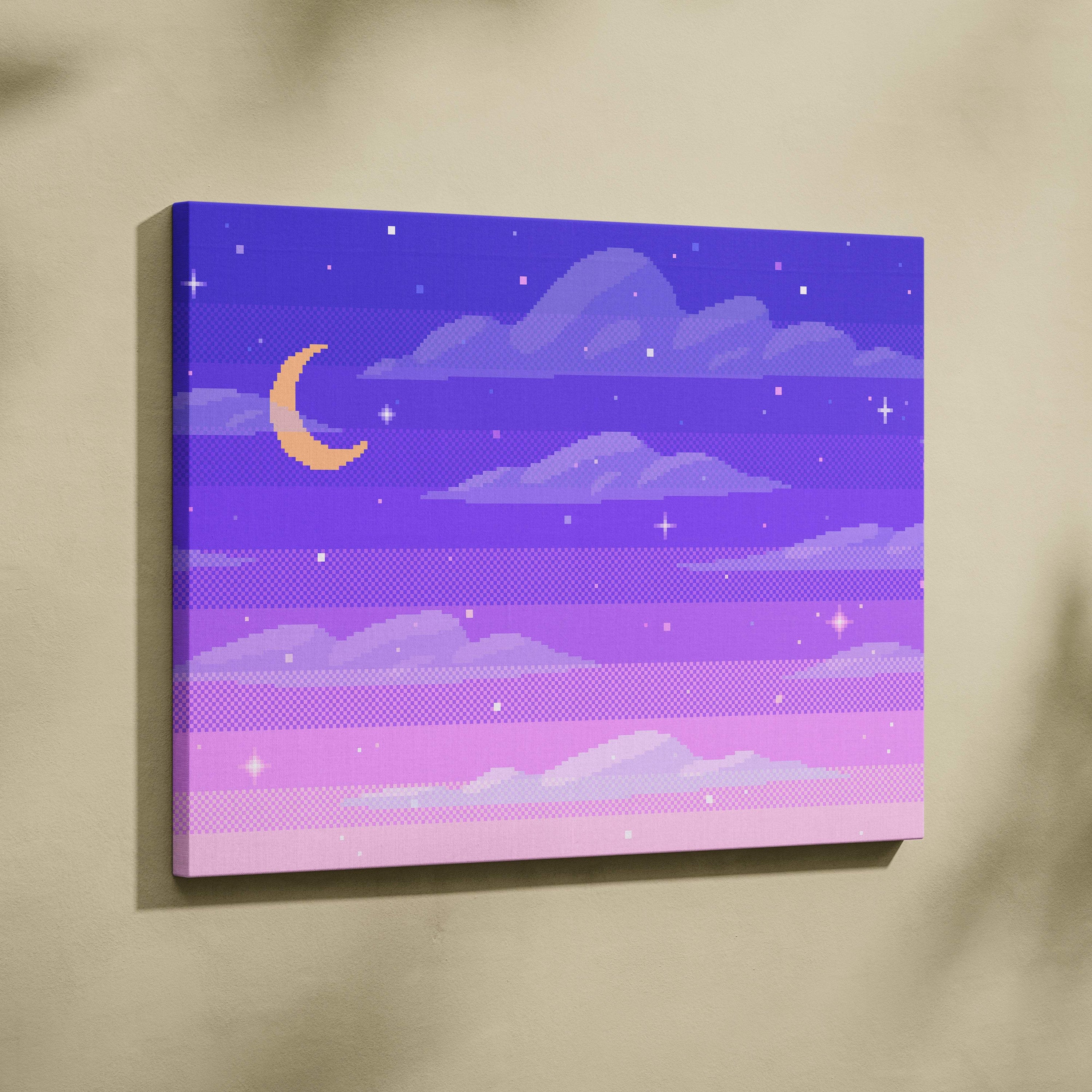 Purple moon pixel art canvas print with gradient purple to pink sky clouds and crescent moon pastel night decor