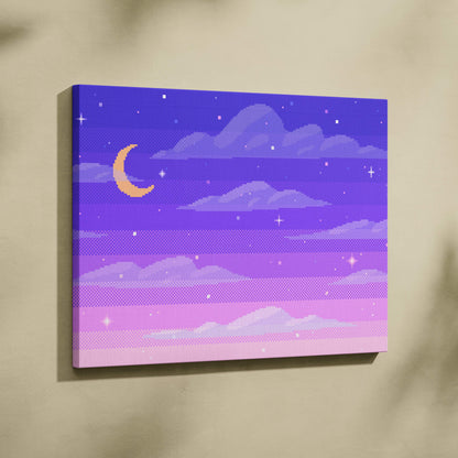 Purple moon pixel art canvas print with gradient purple to pink sky clouds and crescent moon pastel night decor
