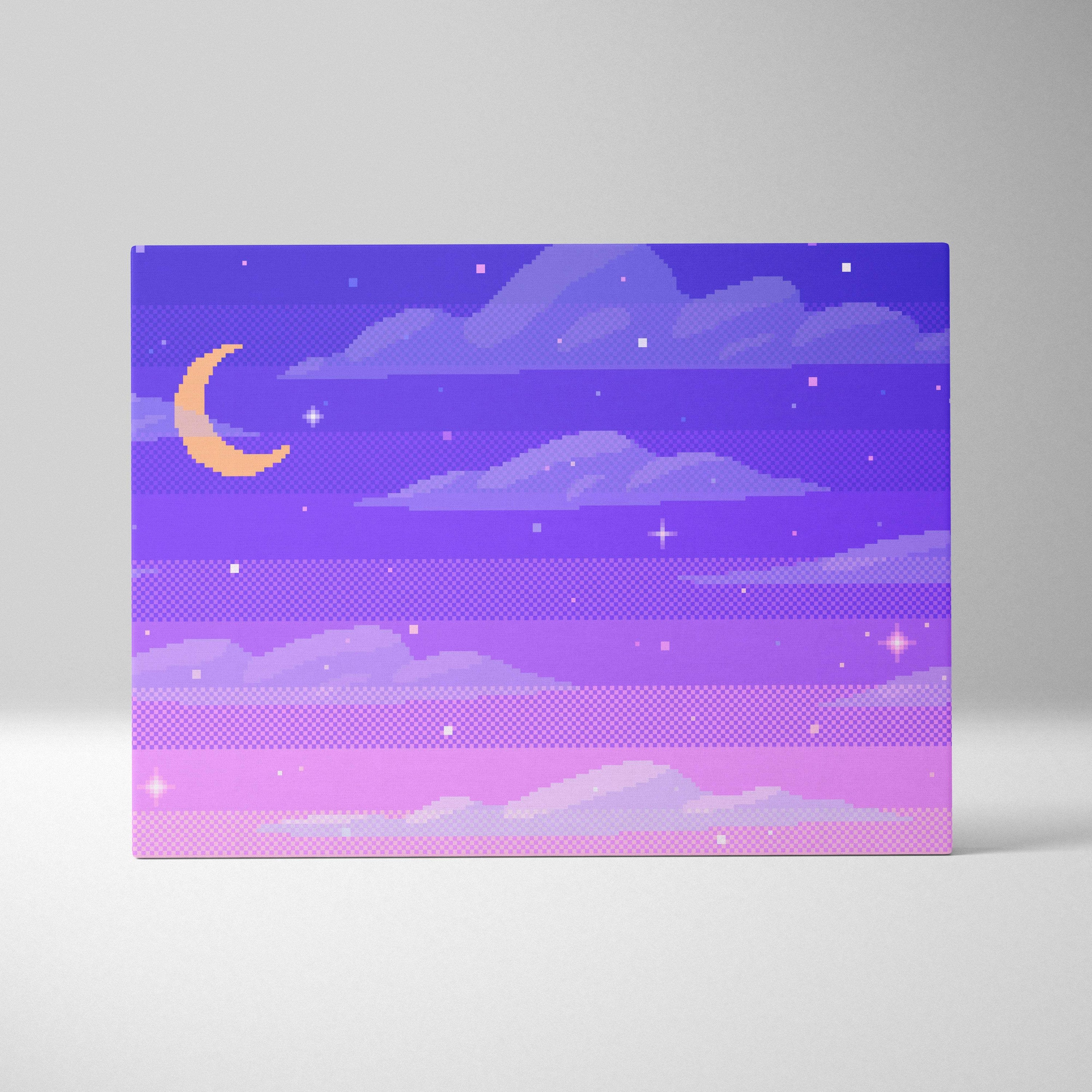 Purple moon pixel art canvas print with pastel night sky gradient featuring crescent moon and stars in retro style