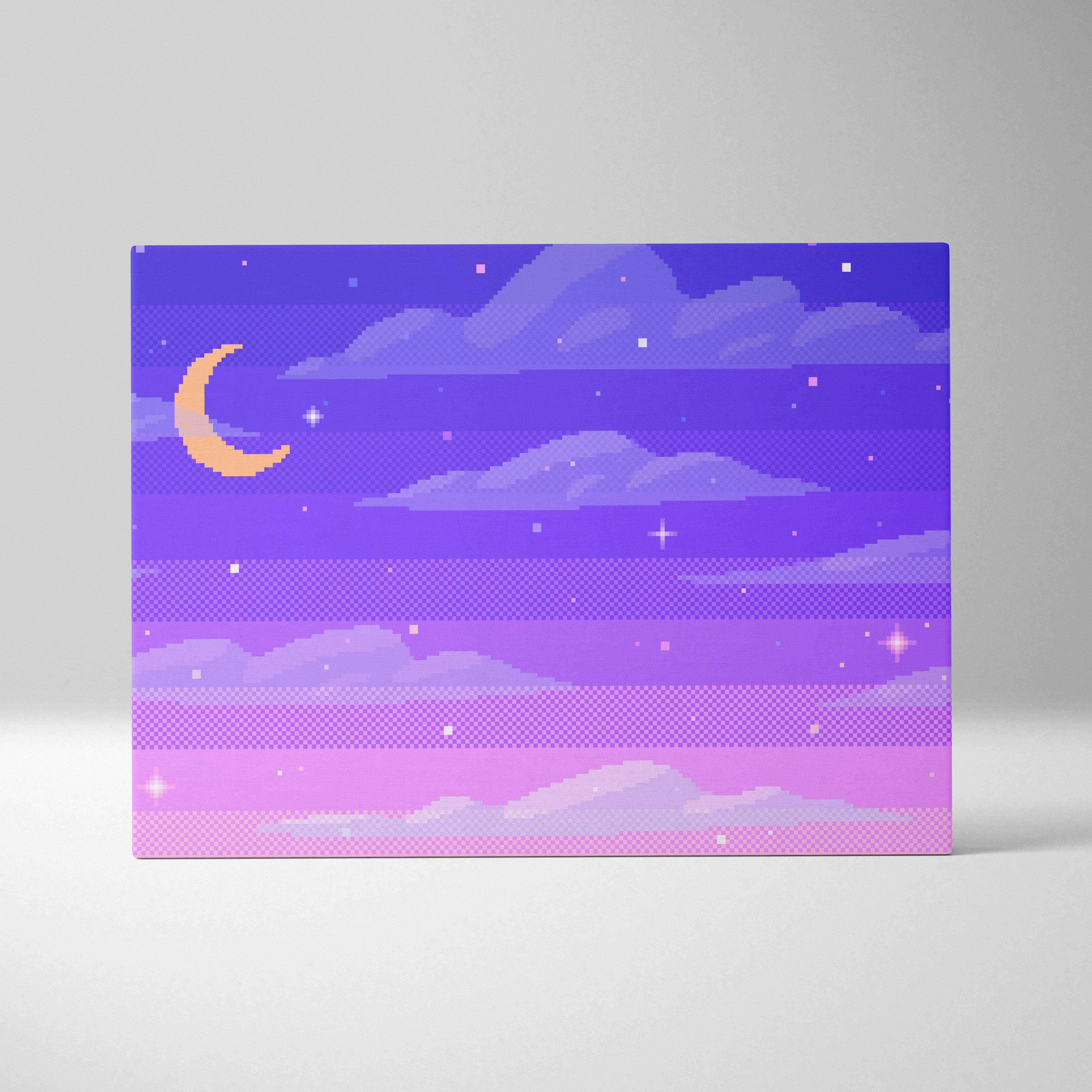 Purple moon pixel art canvas print with pastel night sky gradient featuring crescent moon and stars in retro style