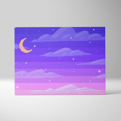 Purple moon pixel art canvas print with pastel night sky gradient featuring crescent moon and stars in retro style