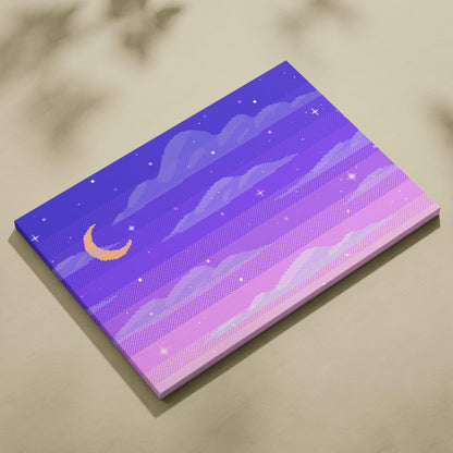 Rectangular canvas print featuring pixel art purple and pink sunset sky with clouds stars and a golden crescent moon