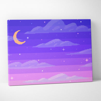 Purple pixel art canvas print featuring a crescent moon and starry pastel night sky for dreamy wall decor