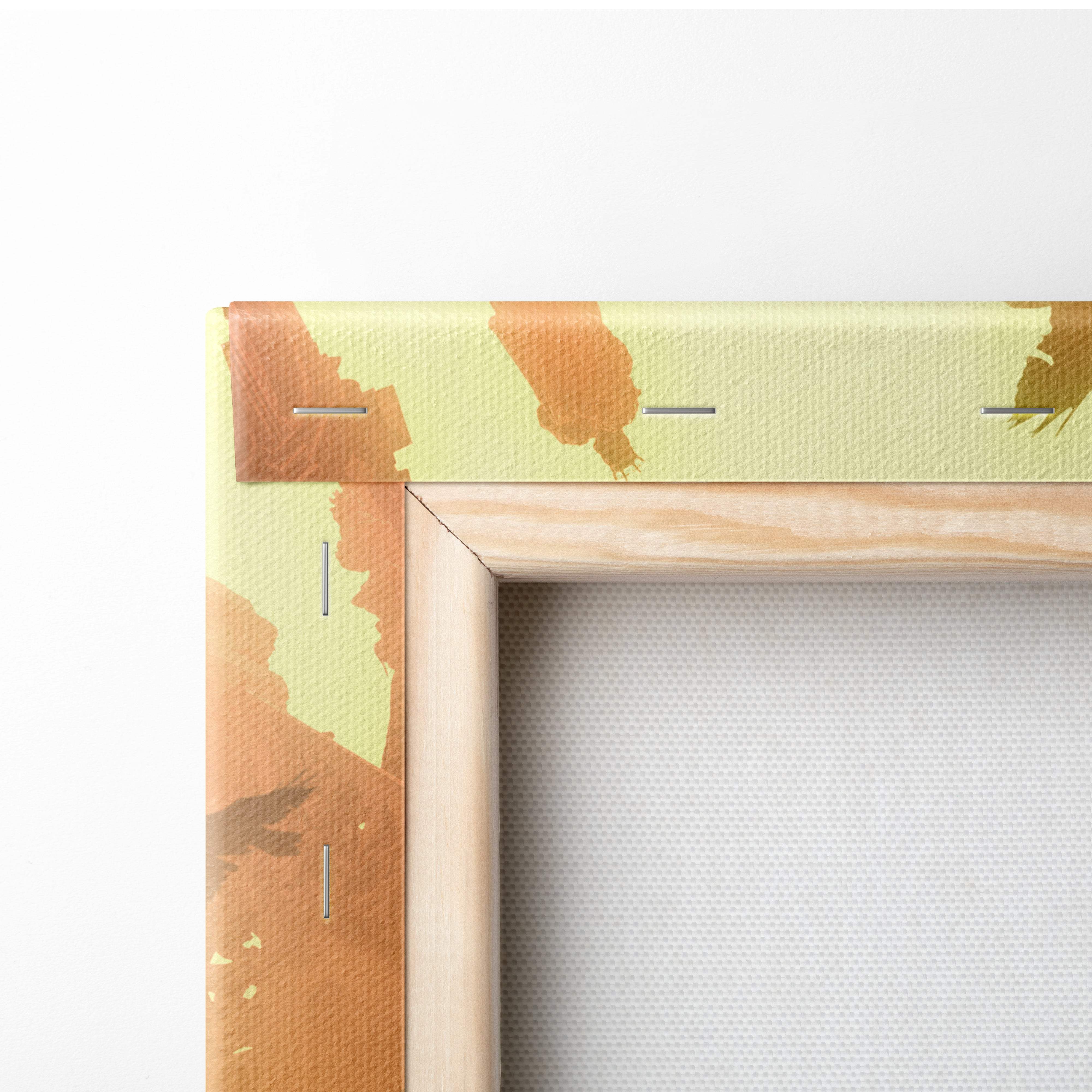 Medieval knight cathedral canvas wall art with wooden frame beige border and abstract ochre pale green paint splatter