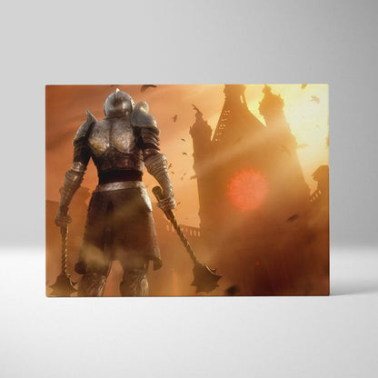 Medieval knight cathedral canvas wall art with golden sepia armored warrior and gothic castle silhouette in metallic armor