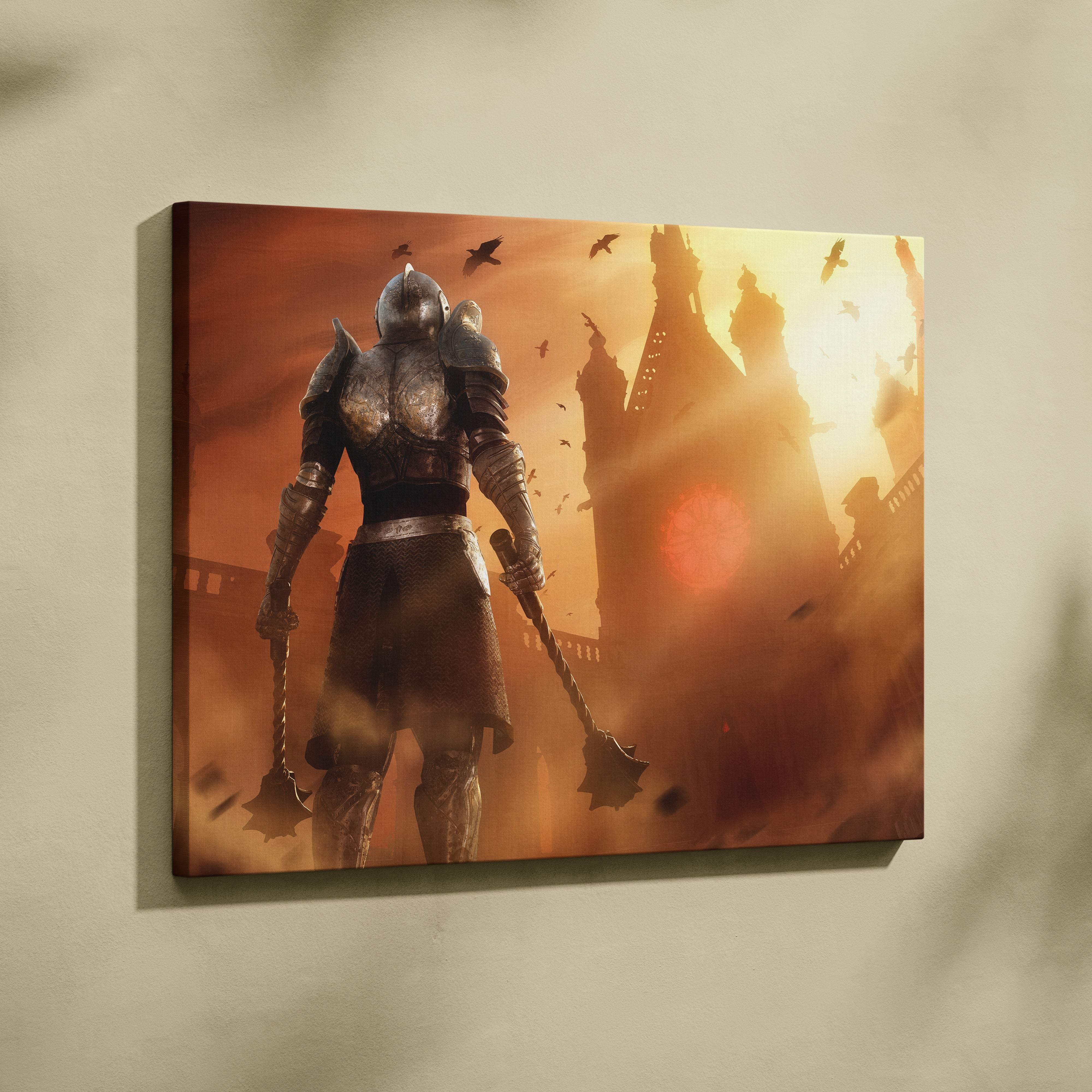 A framed canvas print of a medieval knight in dark ornate armor before a fiery sunset over ruins in golden sepia tones