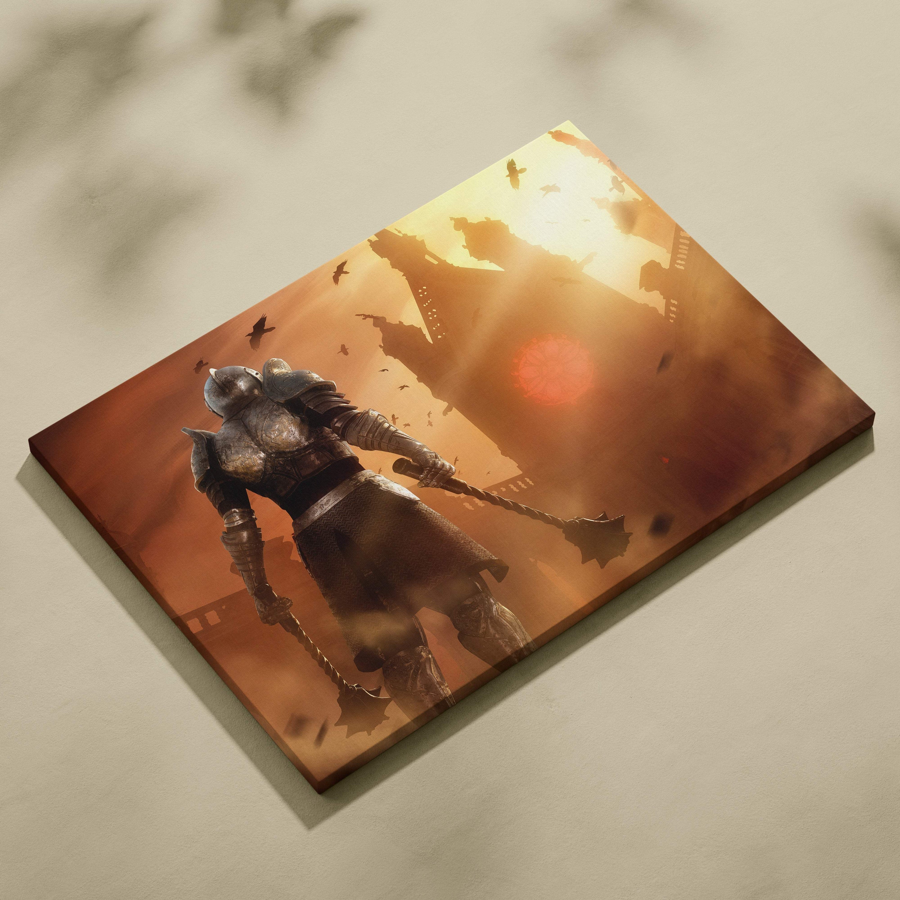 Medieval knight cathedral canvas wall art showing a dark armored warrior with maces against an orange sunset backdrop
