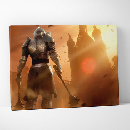 Canvas print of a knight in detailed metallic armor before a crumbling castle at orange sunset medieval gothic art