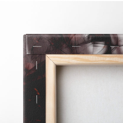 Light-colored wooden frame with dark textured canvas border featuring abstract red and black patterns for dark fantasy fallen angel wall art