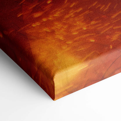 A textured canvas print of dark fantasy fallen angel wall art with fiery red and gold hues and glowing eyes