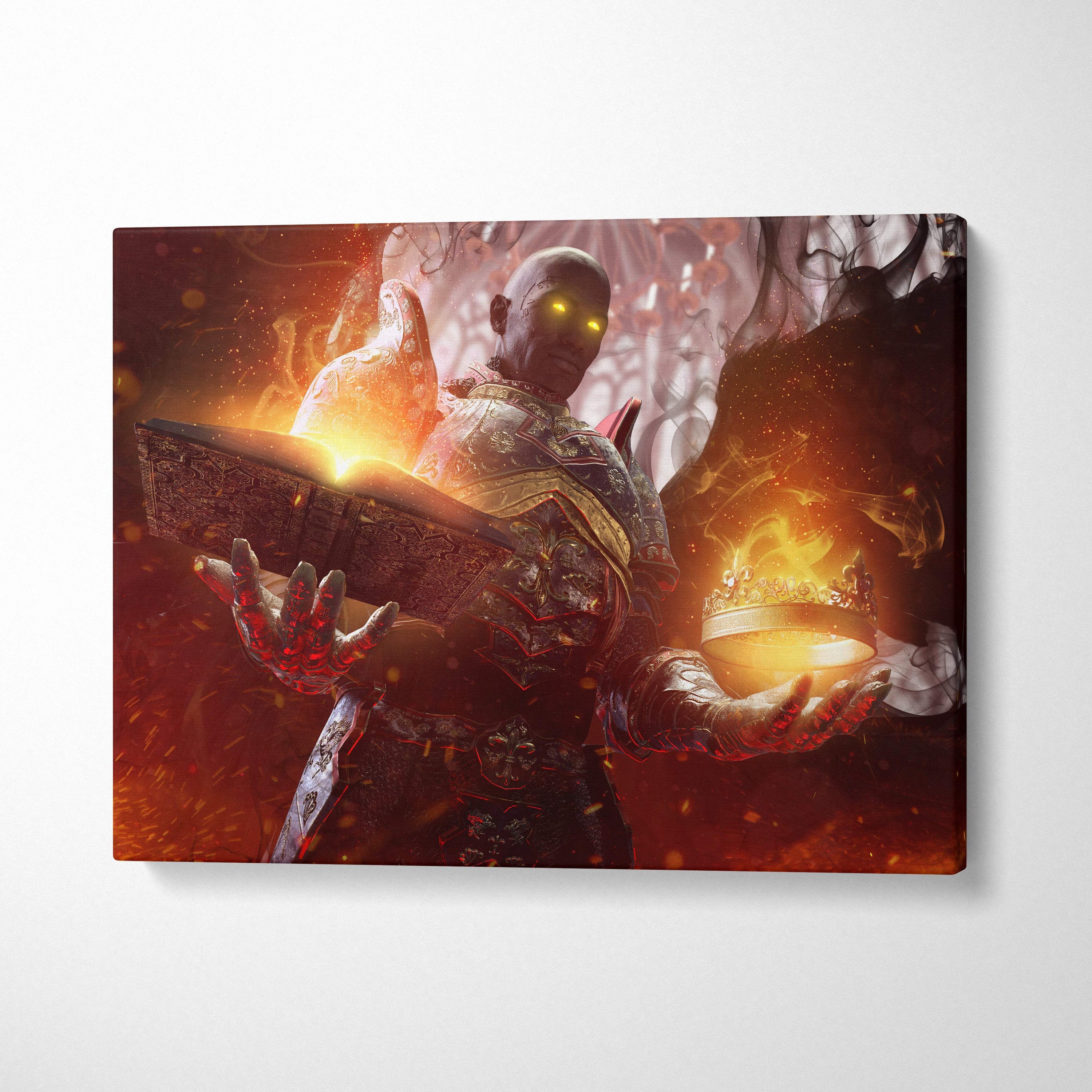 Dark fantasy fallen angel canvas wall art featuring a fiery red and gold infernal warrior with glowing eyes holding a crown and book