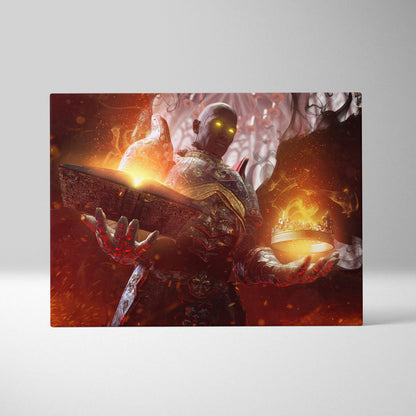 Dark fantasy fallen angel rectangular canvas print of armored warrior with glowing eyes holding book and flaming crown