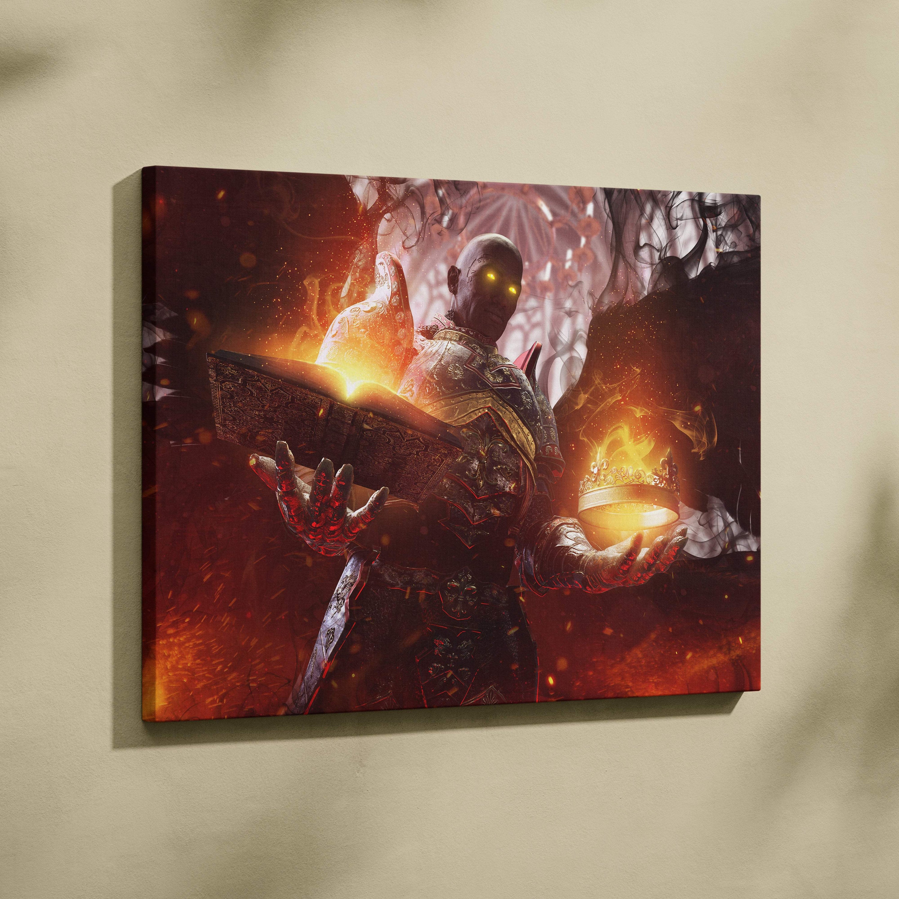 Dark fantasy fallen angel canvas wall art featuring a dark-skinned warrior in fiery red and gold armor with glowing artifacts