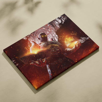 Dark fantasy fallen angel canvas wall art featuring a dark armored warrior with glowing yellow eyes and fiery red flames