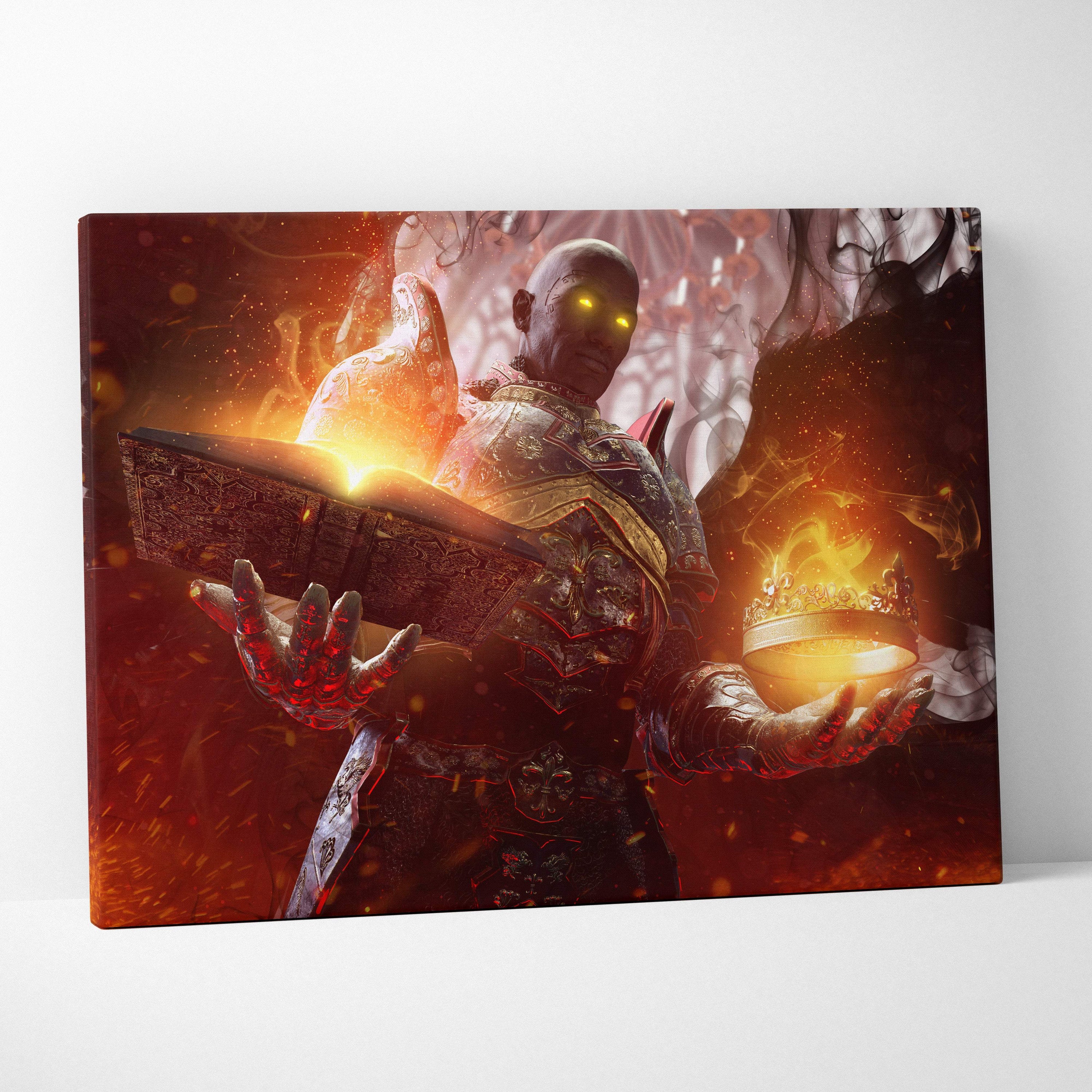 Dark fantasy fallen angel canvas wall art showing a dark armored figure with glowing yellow eyes holding a crown and book amid fiery sparks