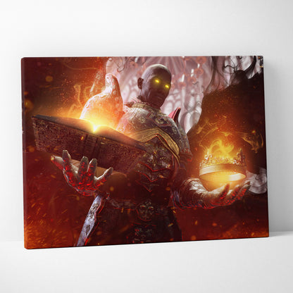 Dark fantasy fallen angel canvas wall art showing a dark armored figure with glowing yellow eyes holding a crown and book amid fiery sparks
