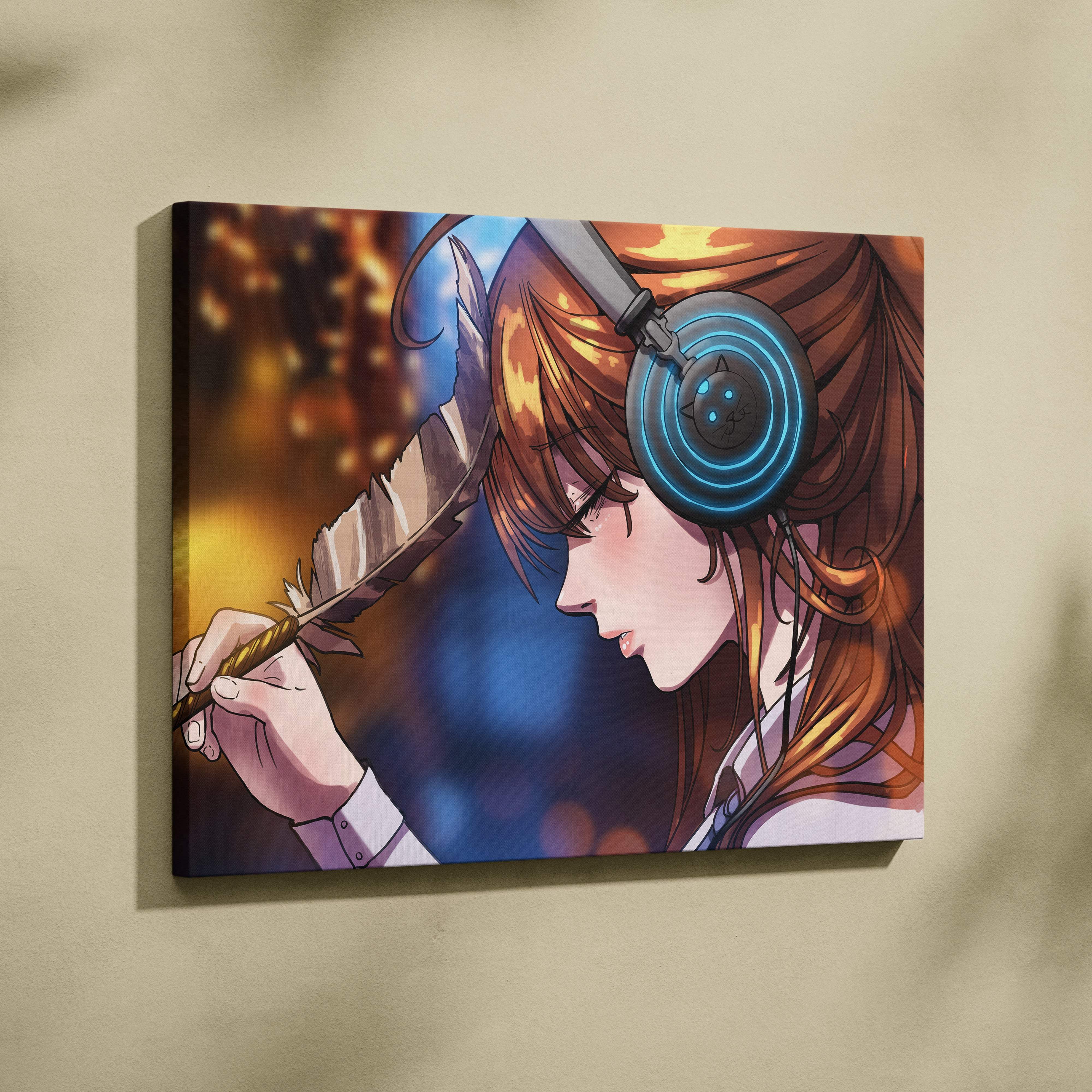 Anime girl headphones canvas wall art print featuring a brown-haired girl with blue headphones and feather quill on warm background