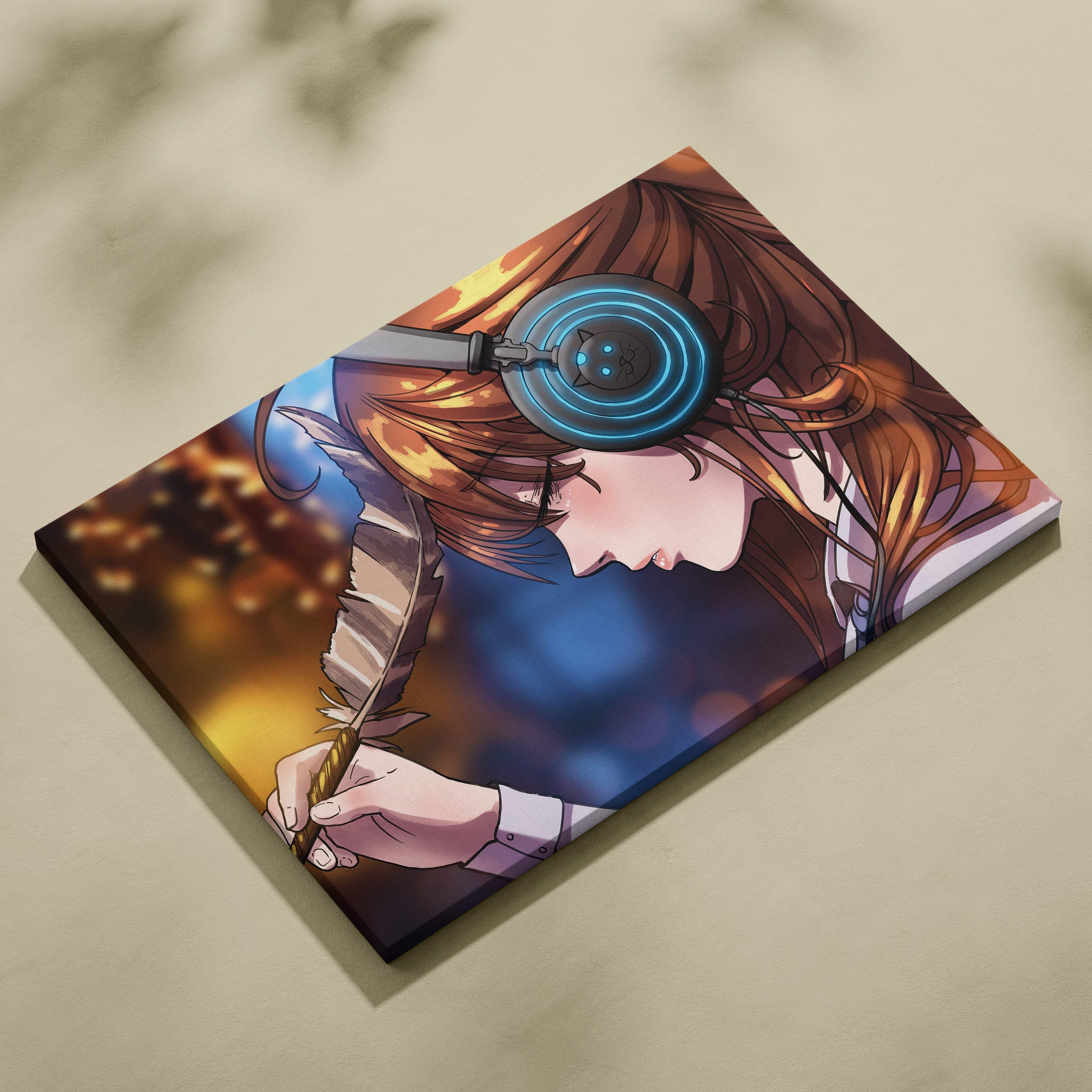 Rectangular canvas print of an anime girl with glowing blue headphones and feather quill on warm brown background