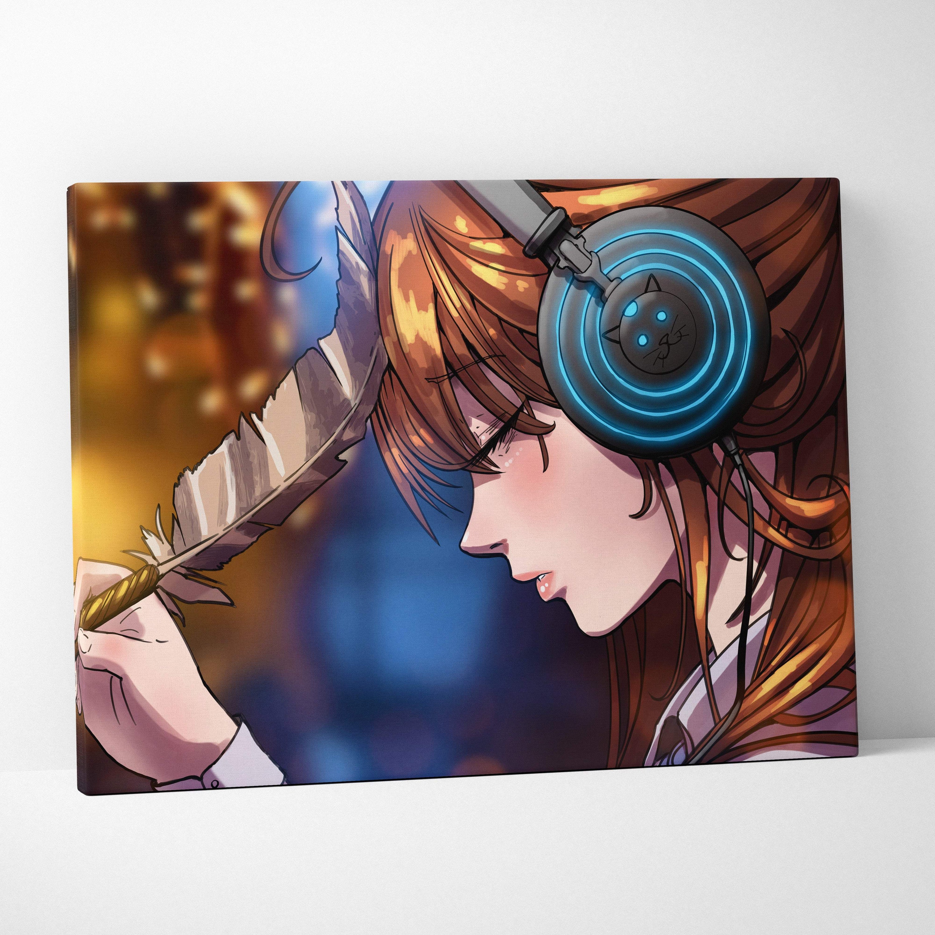 Rectangular canvas print of anime girl with long brown hair wearing glowing blue headphones holding feather quill for gaming room decor