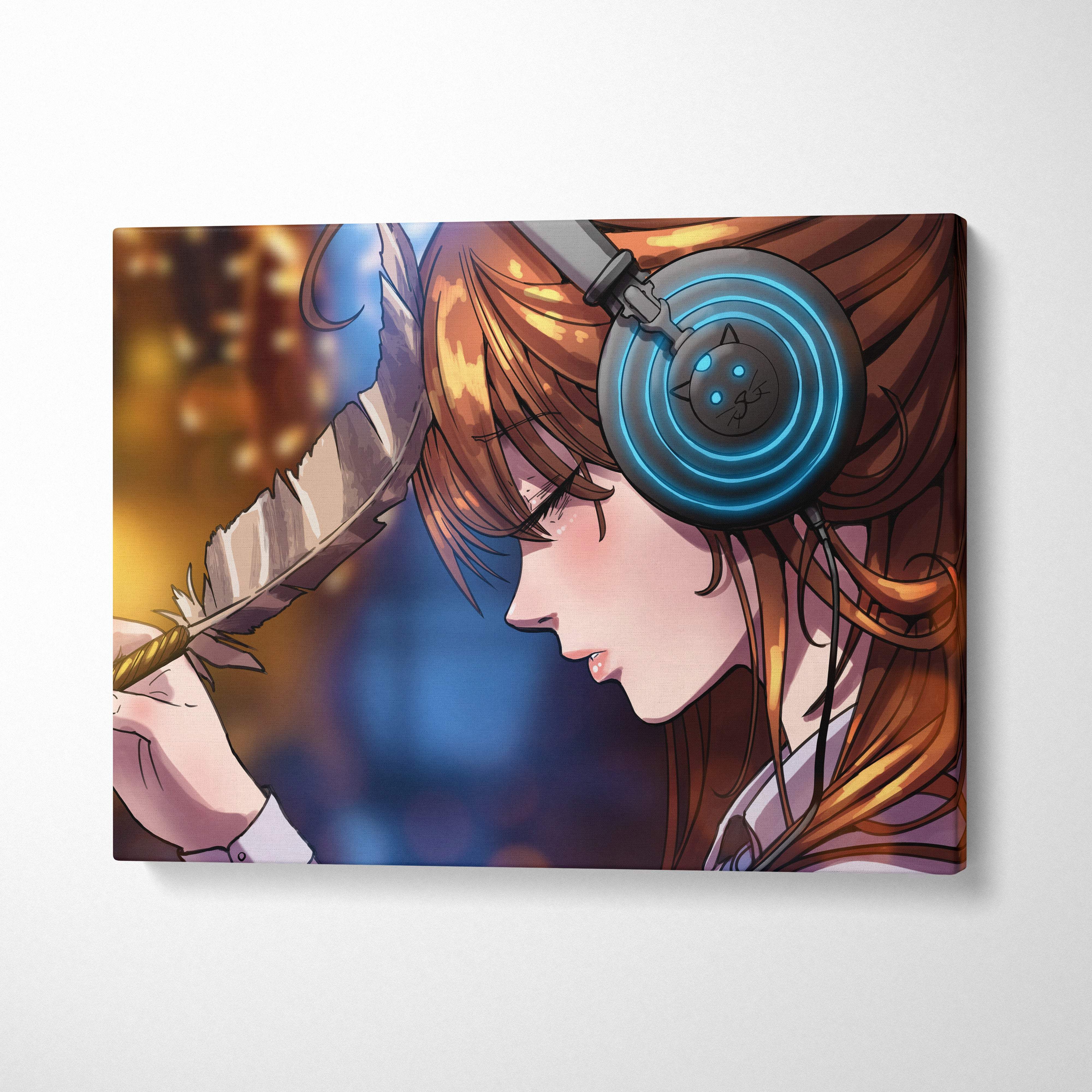 Canvas print of an anime girl with long brown hair wearing futuristic blue glowing headphones holding a feather quill