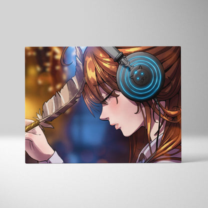 Rectangular canvas print featuring an anime girl with brown hair wearing blue glowing headphones holding a feather quill