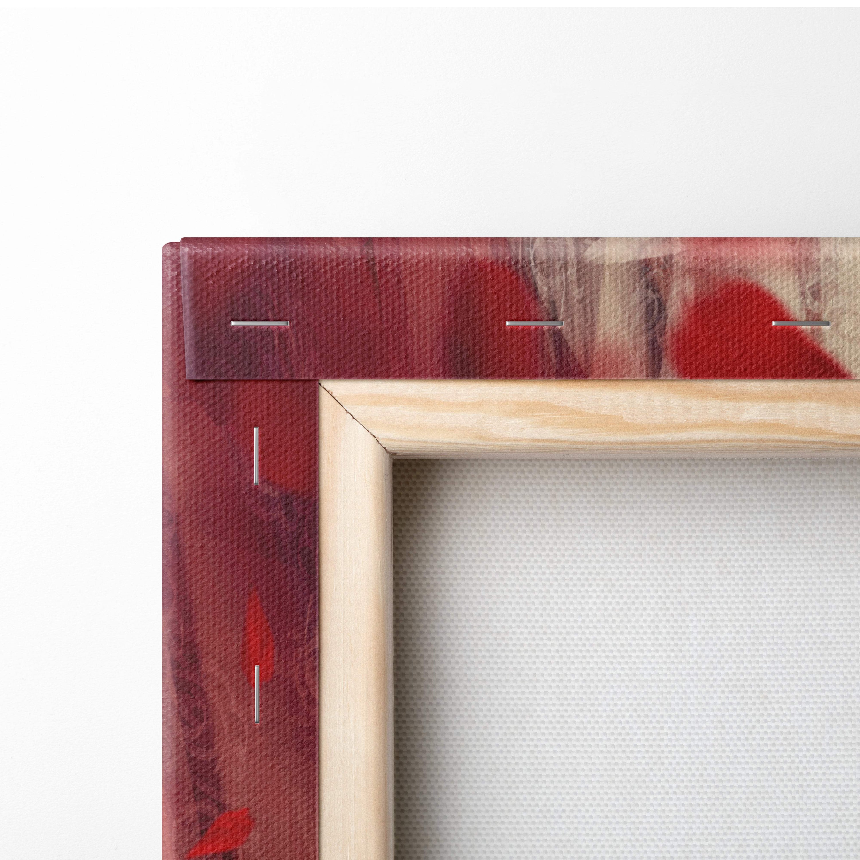 A wooden frame with red abstract canvas and visible stitching from elegant angel canvas wall art collection