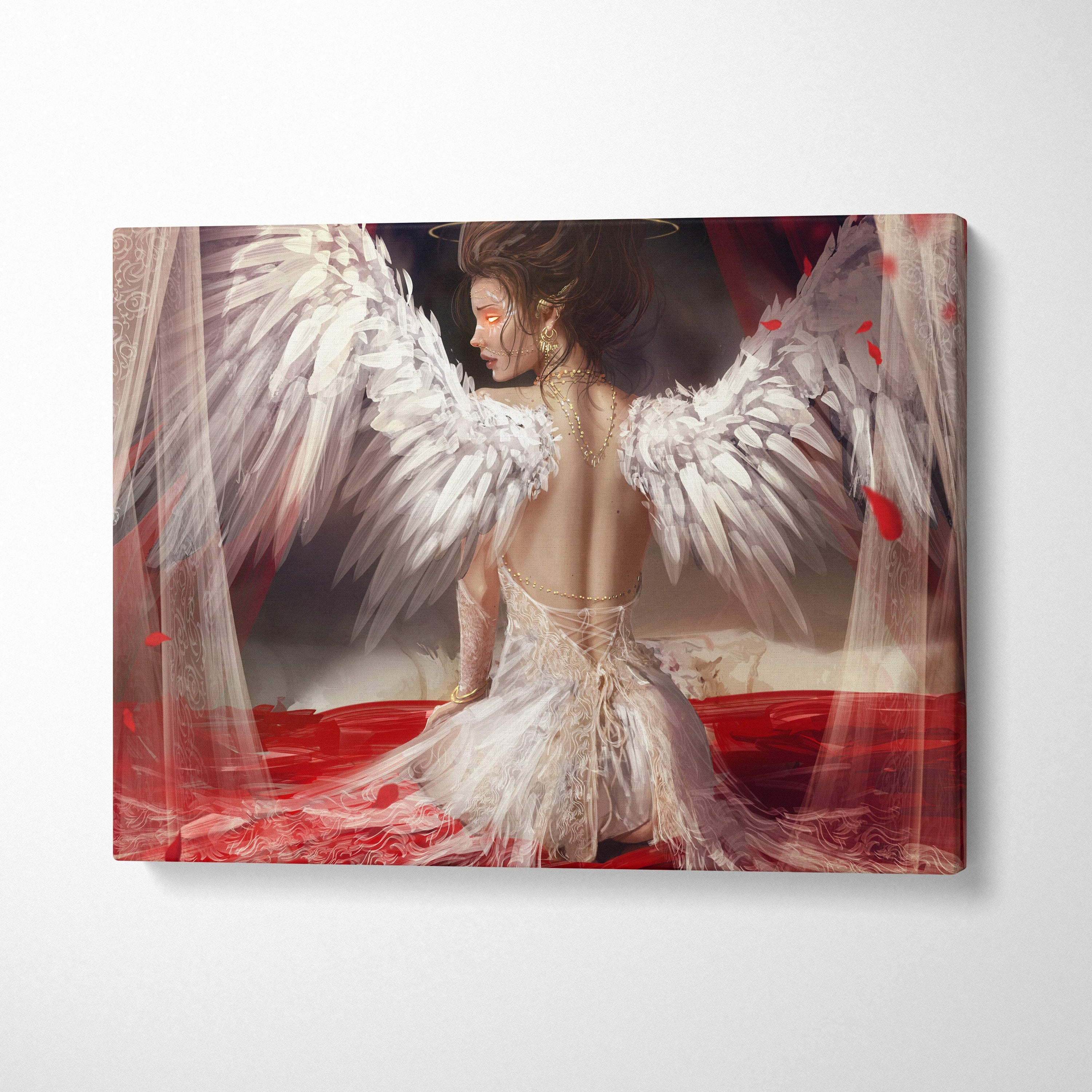 A canvas print featuring a woman with large white angel wings in an ornate lace gown with gold jewelry