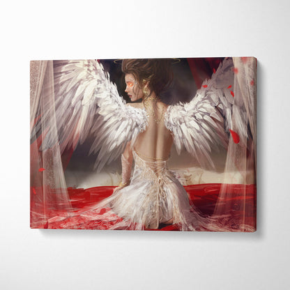 A canvas print featuring a woman with large white angel wings in an ornate lace gown with gold jewelry