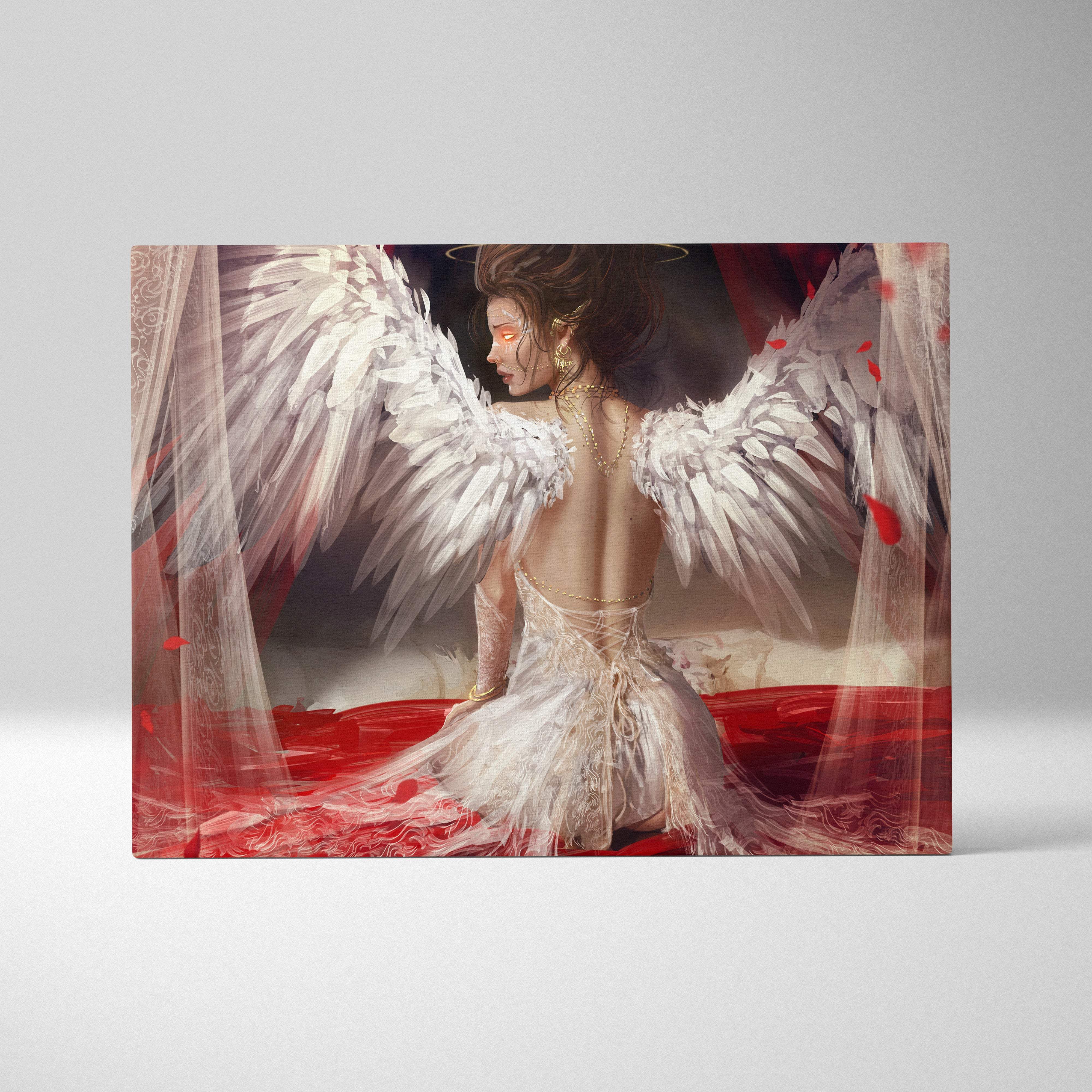 Elegant angel canvas wall art with white feather wings, flowing red fabric, and delicate lace details